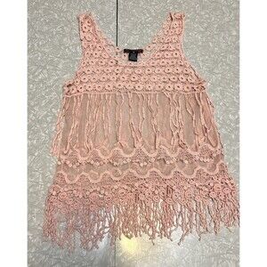 Vintage Y2K peach pink say what Crochet Sheer Mesh Fringe Tank Top Coquette M